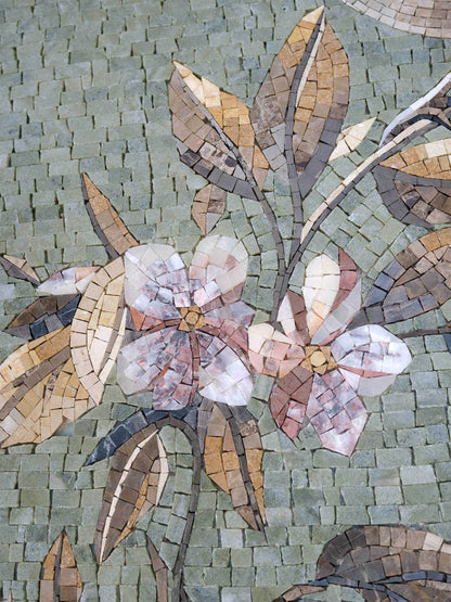 Songbird on Blossom Branch – Sage Green Marble Mosaic Wall Art - Mesh Backing