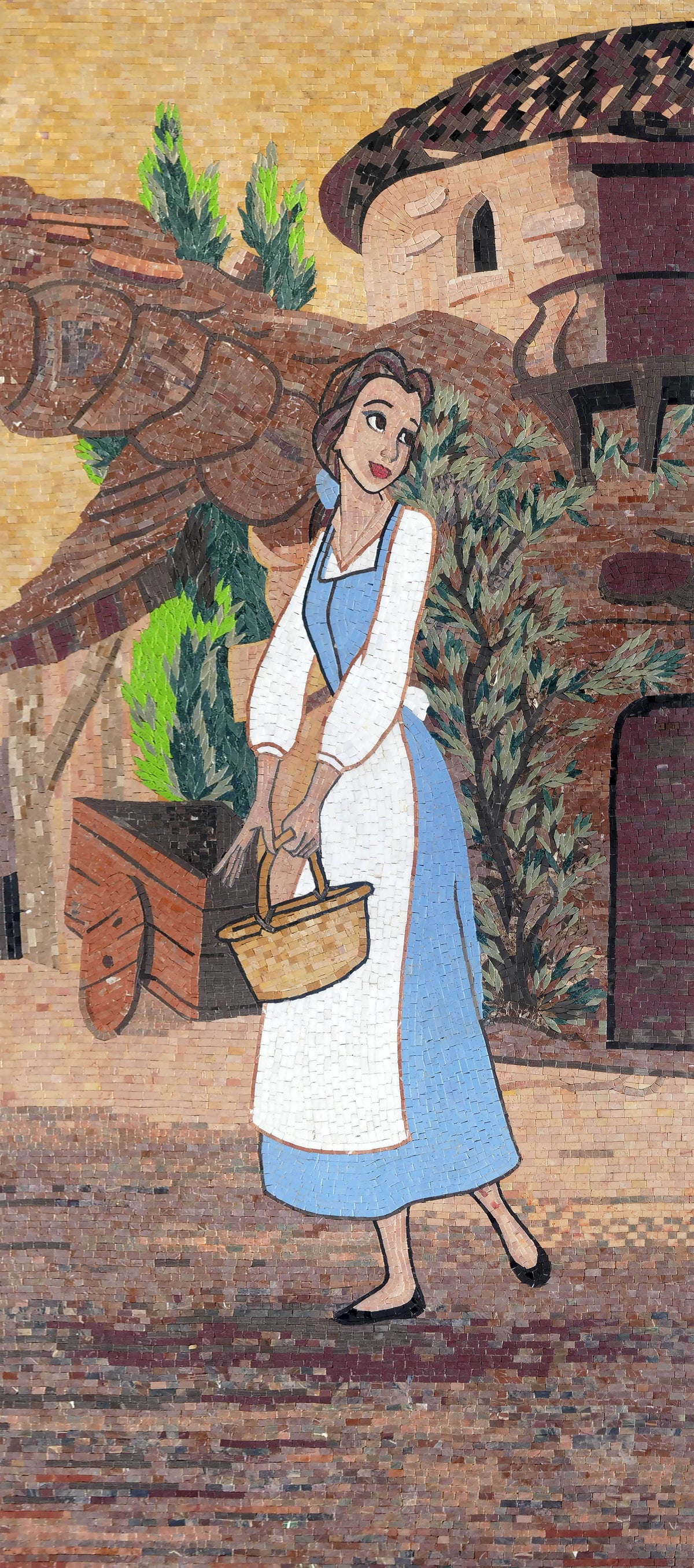 Belle with Basket in Village Scene – Blue & White Marble Mosaic Wall Art - Mesh Backing