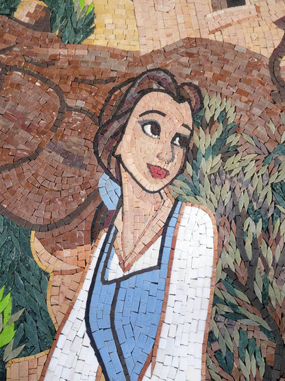 Belle with Basket in Village Scene – Blue & White Marble Mosaic Wall Art - Mesh Backing