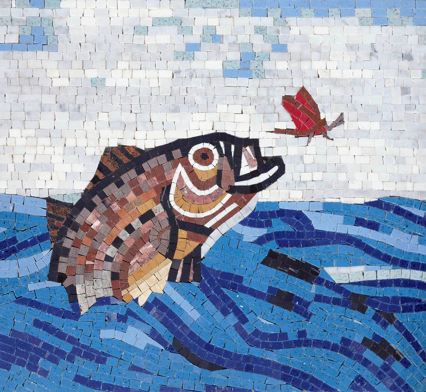 Bold Fish Portrait – Marine Life Stone Mosaic Tile Wall Art - Mesh Backing