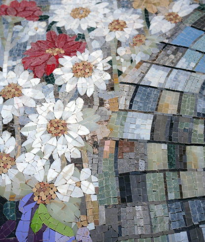 Sunflower Garden Path Mosaic – Floral Marble Mosaic Wall Art – Mesh Backing