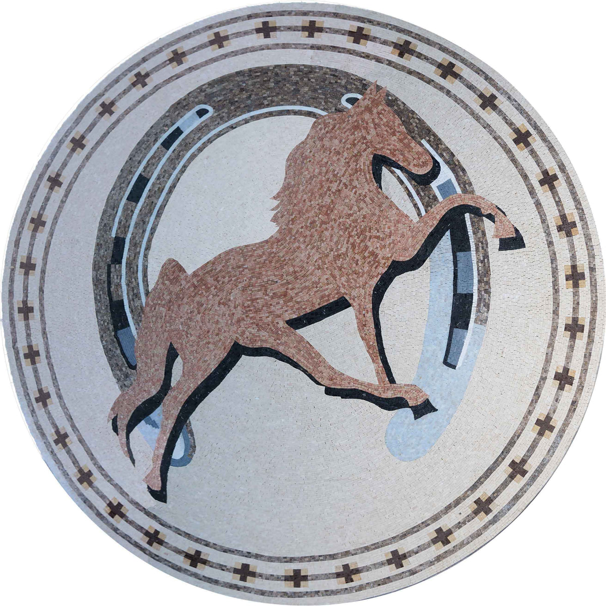 Rearing Horse Medallion – Equestrian Marble Mosaic Rug - Mesh Backing
