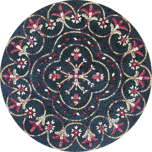 Dark Floral Medallion Round Mosaic – Handmade Marble Art - Mesh Backing