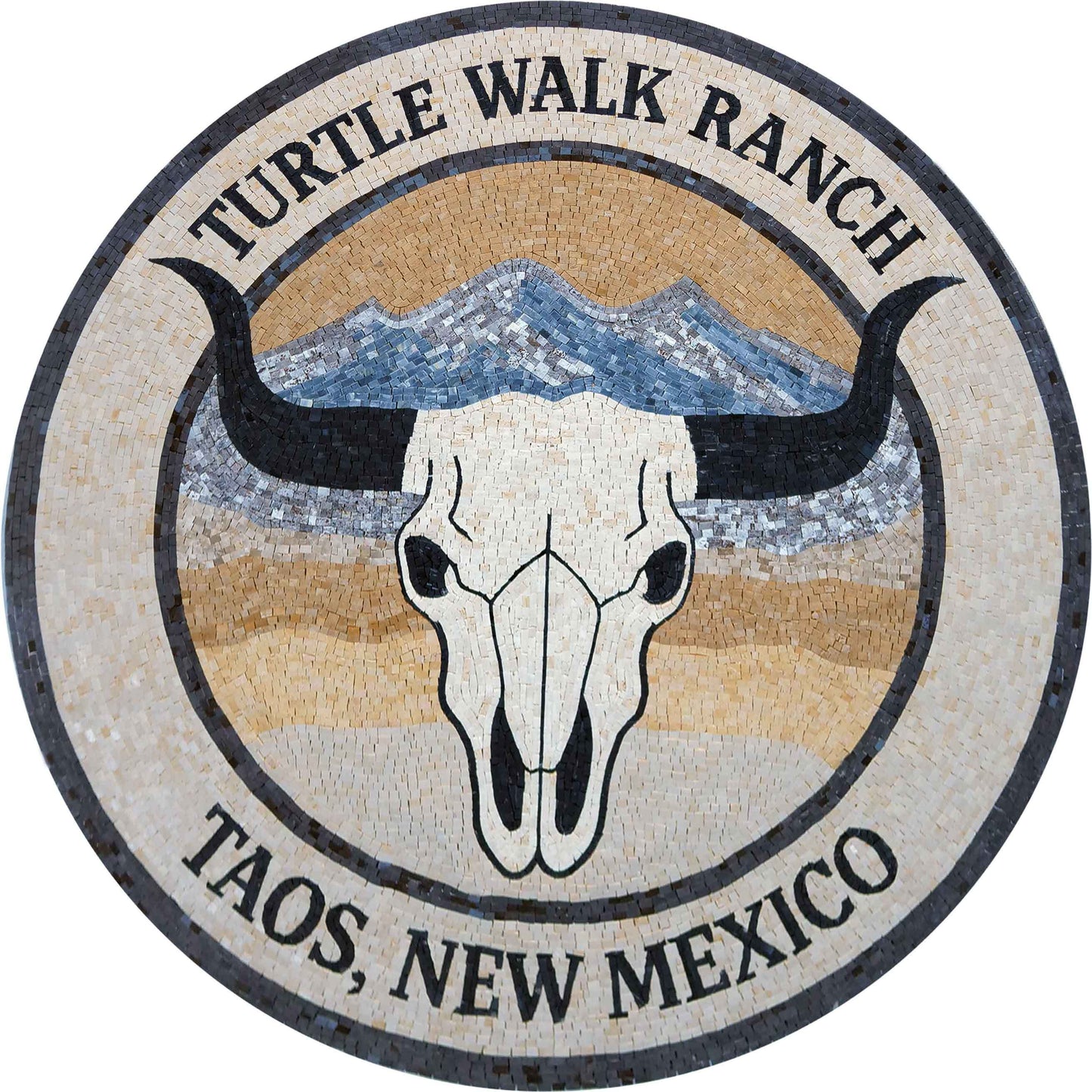 Custom Ranch Logo Longhorn Skull – Round Marble Mosaic Floor & Wall Art - Mesh Backing