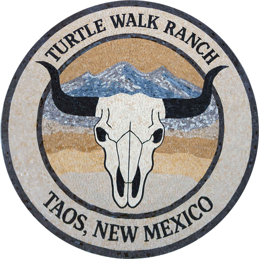 Custom Ranch Logo Longhorn Skull – Round Marble Mosaic Floor & Wall Art - Mesh Backing