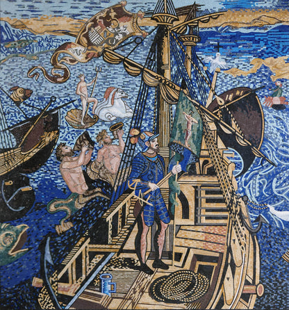 Age of Exploration Voyage Scene – Nautical Marble Mosaic Wall Art - Mesh Backing