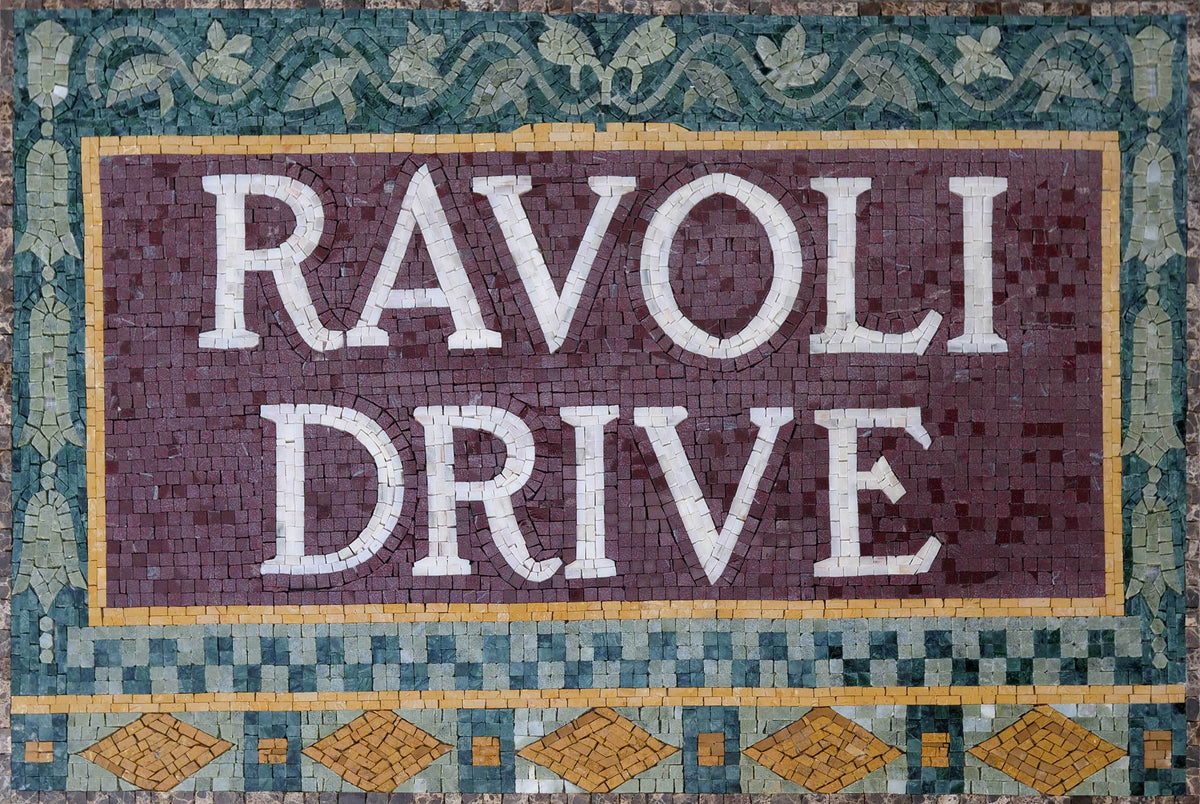 Ravoli Drive Custom Street Sign – Ornamental Marble Mosaic Wall Art - Mesh Backing