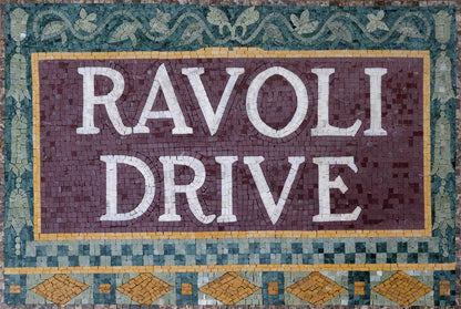 Ravoli Drive Custom Street Sign – Ornamental Marble Mosaic Wall Art - Mesh Backing