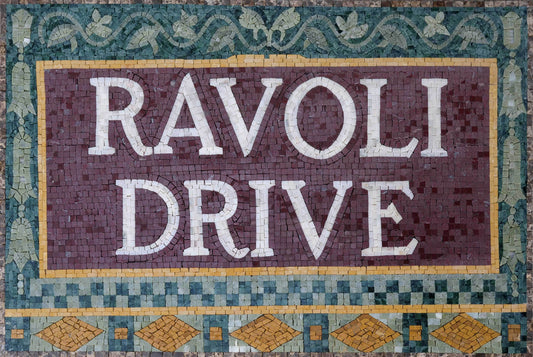 Ravoli Drive Custom Street Sign – Ornamental Marble Mosaic Wall Art - Mesh Backing