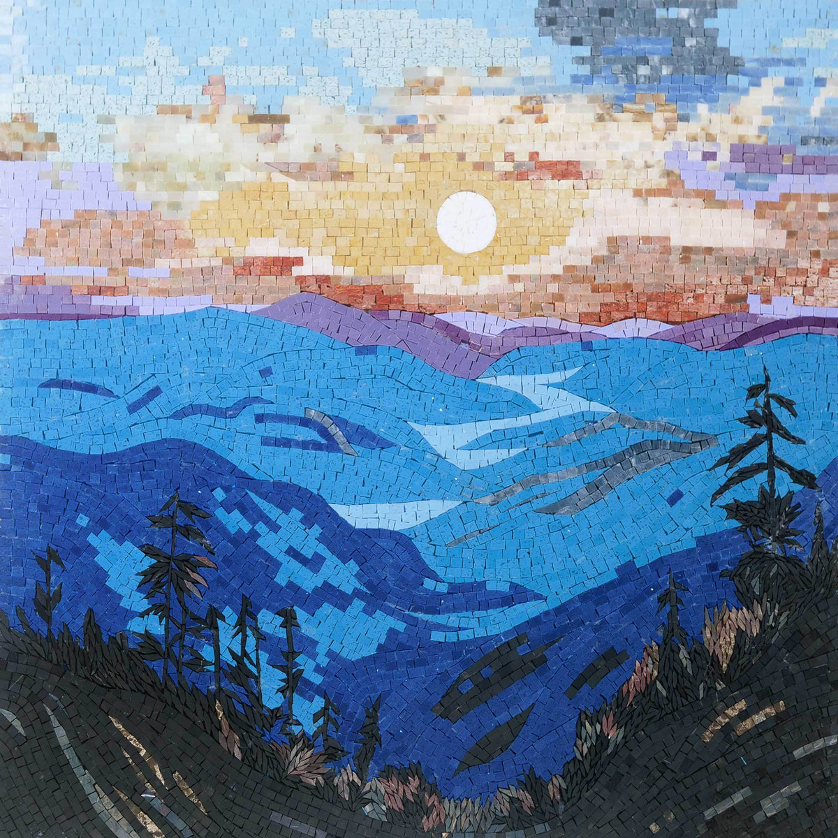 Sunset Over the Rolling Hills – Contemporary Landscape Marble Mosaic Wall Art - Mesh Backing