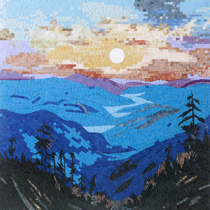 Sunset Over the Rolling Hills – Contemporary Landscape Marble Mosaic Wall Art - Mesh Backing