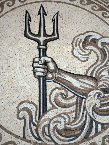Poseidon's Trident Medallion – Greek Mythology Marble Mosaic - Mesh Backing