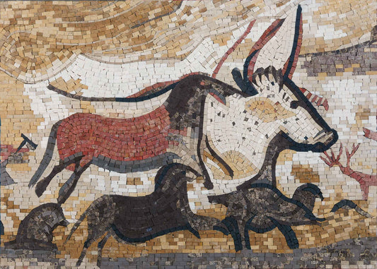 Lascaux Cave Painting Donkeys – Ancient World Stone Mosaic Wall Art - Mesh Backing