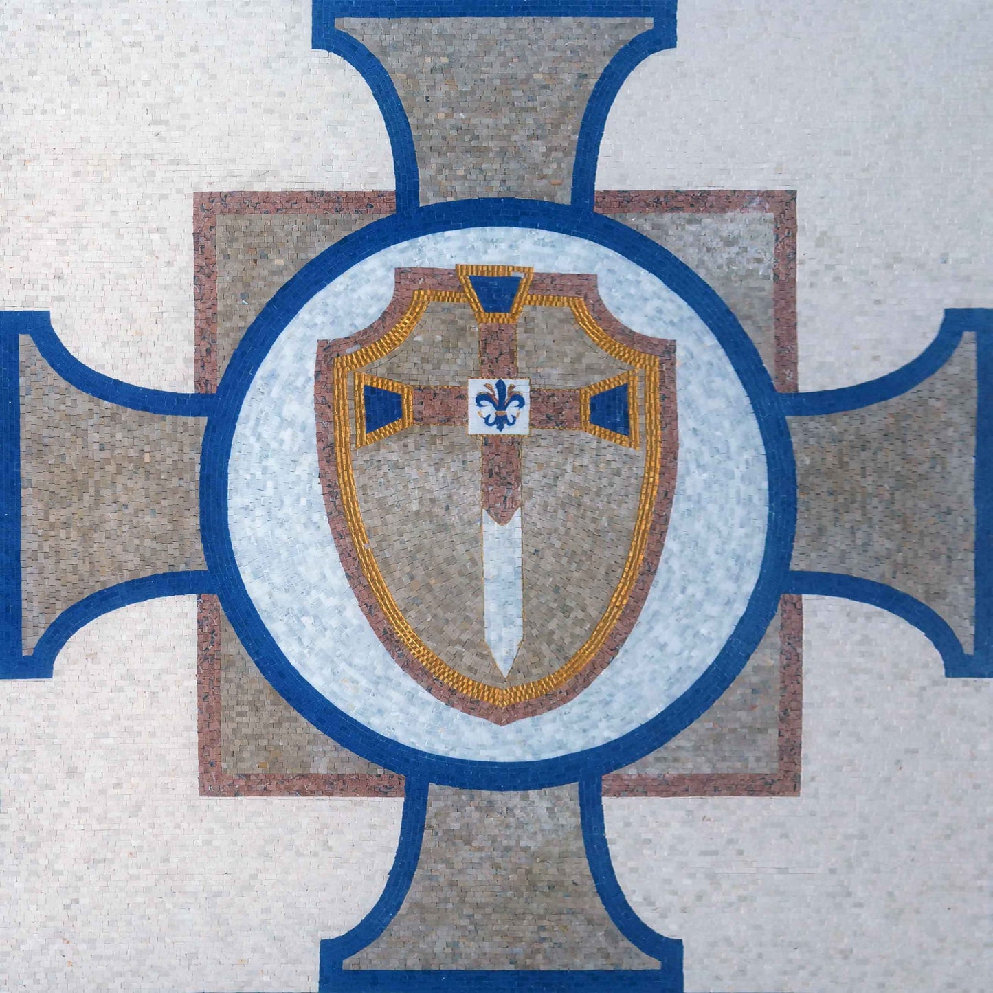 Crusader Cross & Knight's Shield – Medieval Heraldic Marble Mosaic Wall & Floor Art - Mesh Backing