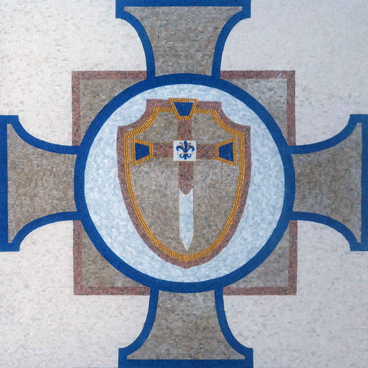 Crusader Cross & Knight's Shield – Medieval Heraldic Marble Mosaic Wall & Floor Art - Mesh Backing