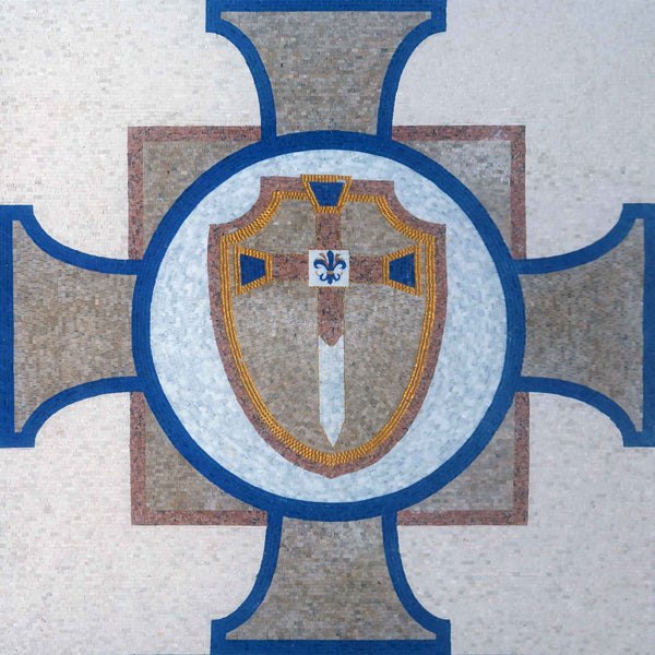 Crusader Cross & Knight's Shield – Medieval Heraldic Marble Mosaic Wall & Floor Art - Mesh Backing