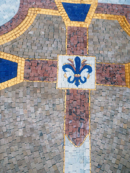 Crusader Cross & Knight's Shield – Medieval Heraldic Marble Mosaic Wall & Floor Art - Mesh Backing