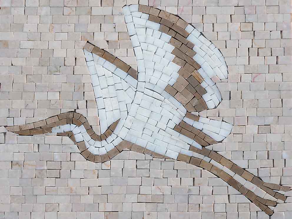 Flying Heron in Flight – Minimalist Marble Mosaic Wall Art - Mesh Backing