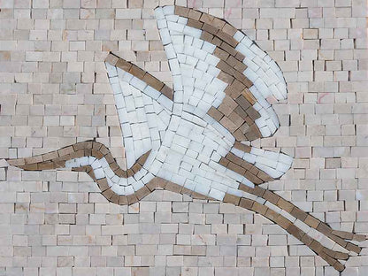Flying Heron in Flight – Minimalist Marble Mosaic Wall Art - Mesh Backing