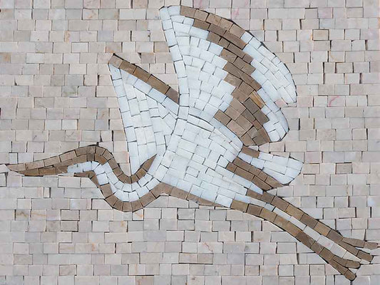 Flying Heron in Flight – Minimalist Marble Mosaic Wall Art - Mesh Backing