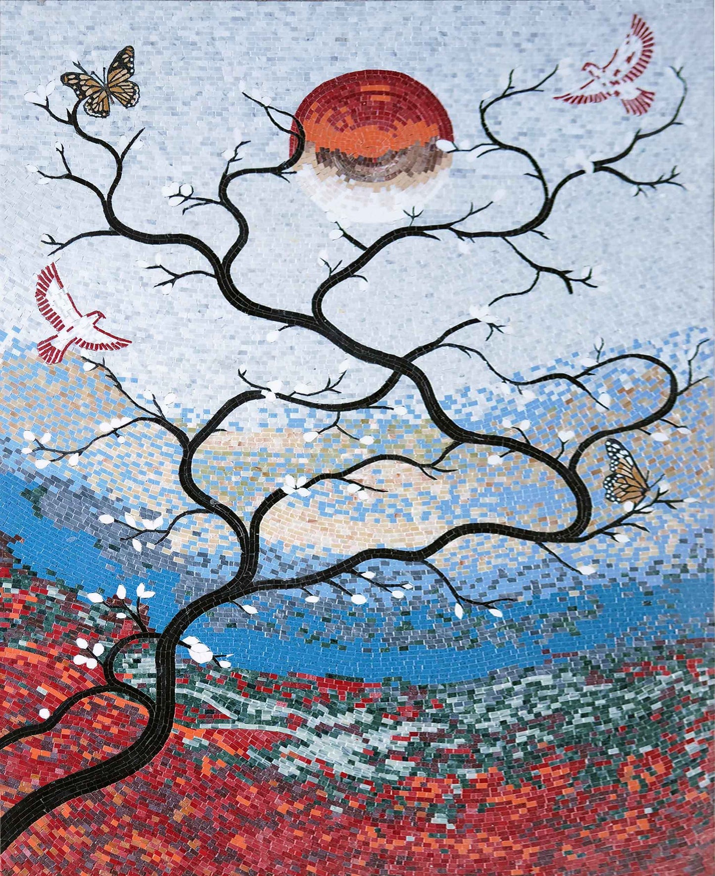Japanese Cherry Blossom Tree Marble Mosaic Wall Art – Nature Scene with Birds & Butterflies - Mesh Backing