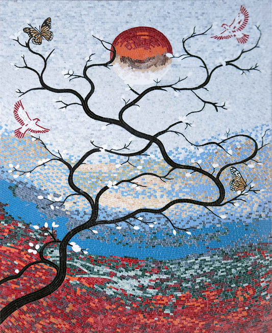Japanese Cherry Blossom Tree Marble Mosaic Wall Art – Nature Scene with Birds & Butterflies - Mesh Backing