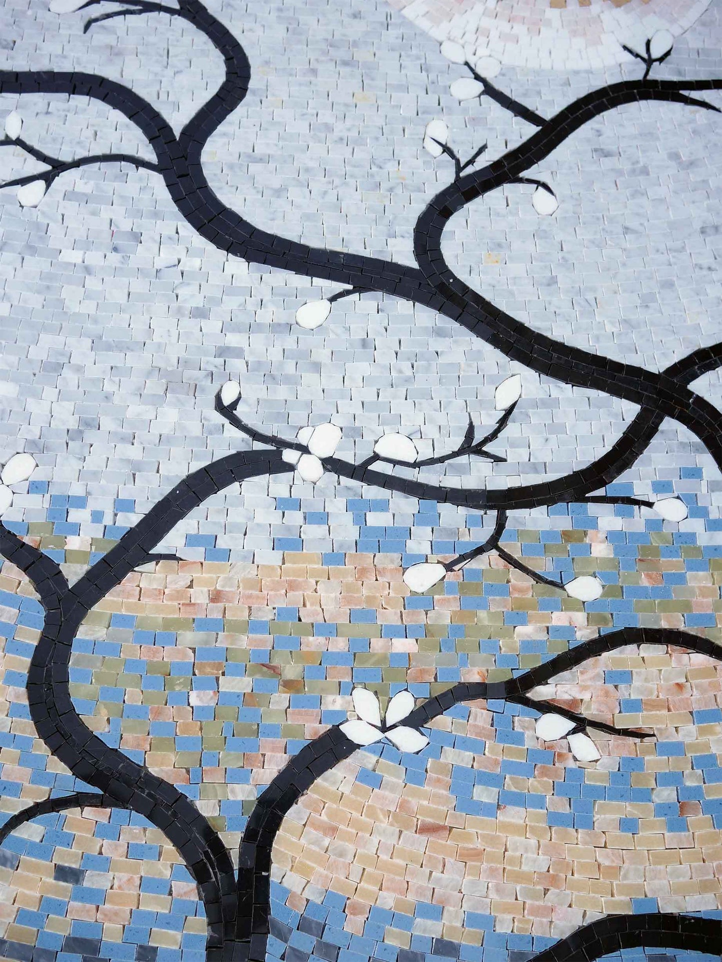 Japanese Cherry Blossom Tree Marble Mosaic Wall Art – Nature Scene with Birds & Butterflies - Mesh Backing