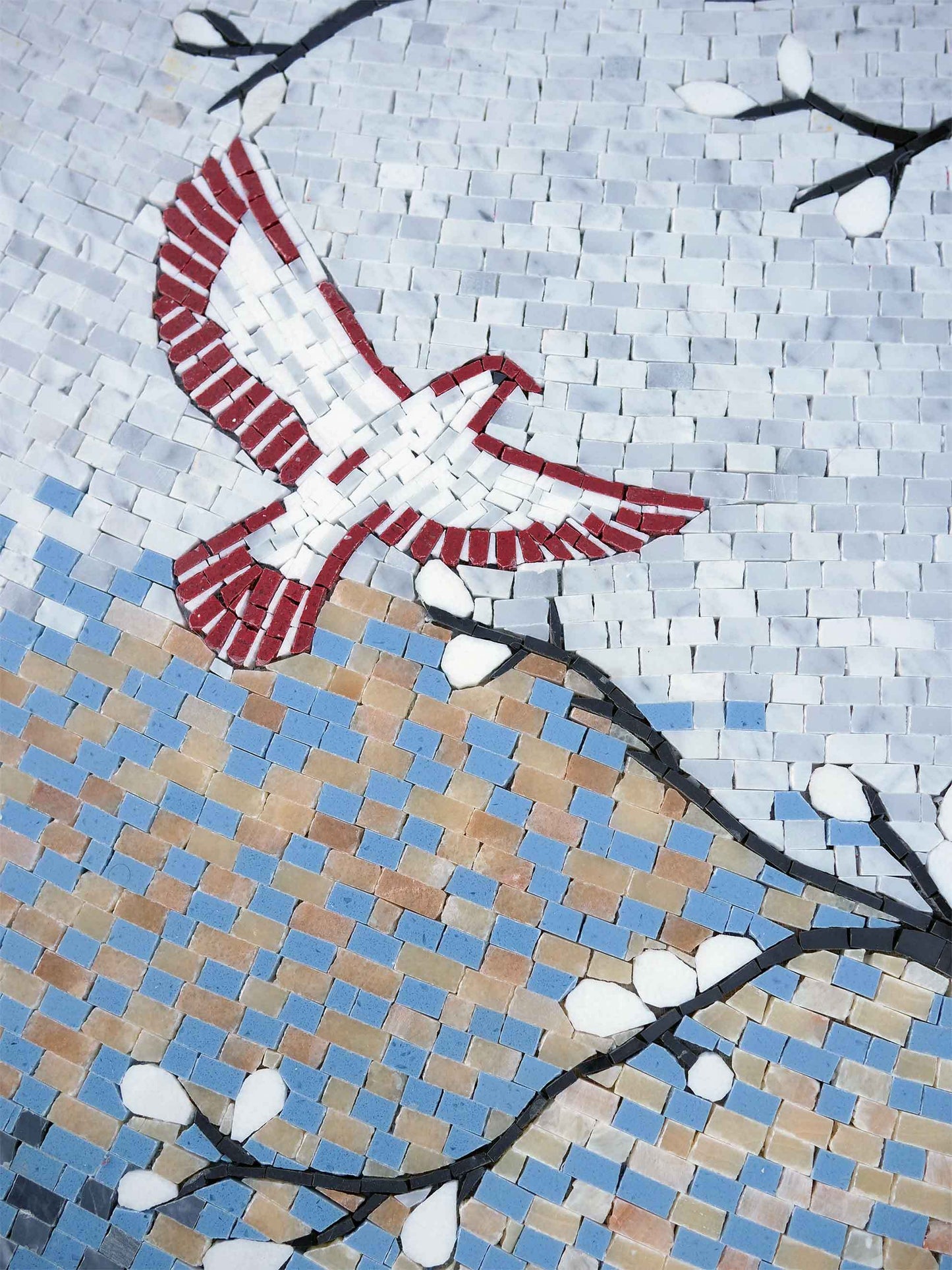 Japanese Cherry Blossom Tree Marble Mosaic Wall Art – Nature Scene with Birds & Butterflies - Mesh Backing