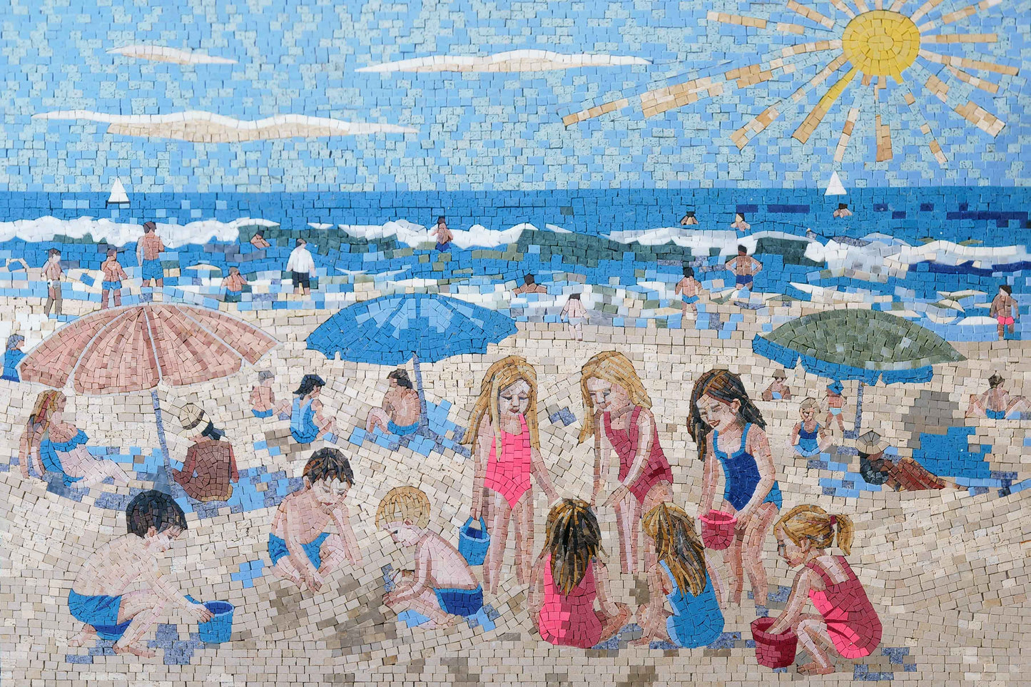 Summer Beach Day Scene – Coastal Marble Mosaic Wall Art - Mesh Backing