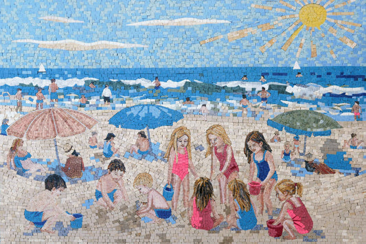Summer Beach Day Scene – Coastal Marble Mosaic Wall Art - Mesh Backing
