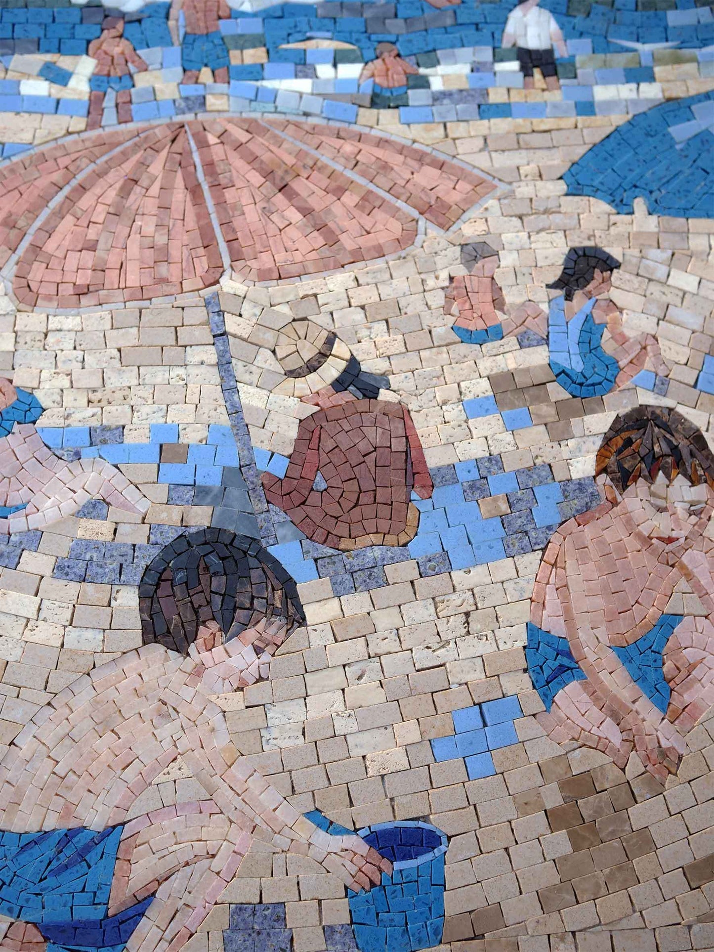 Summer Beach Day Scene – Coastal Marble Mosaic Wall Art - Mesh Backing