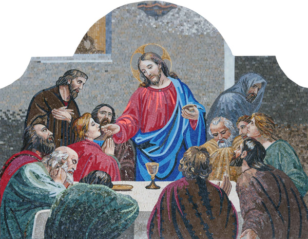Last Supper Eucharist Marble Mosaic Wall Art – Handmade Christian Religious Scene – Mesh Backing