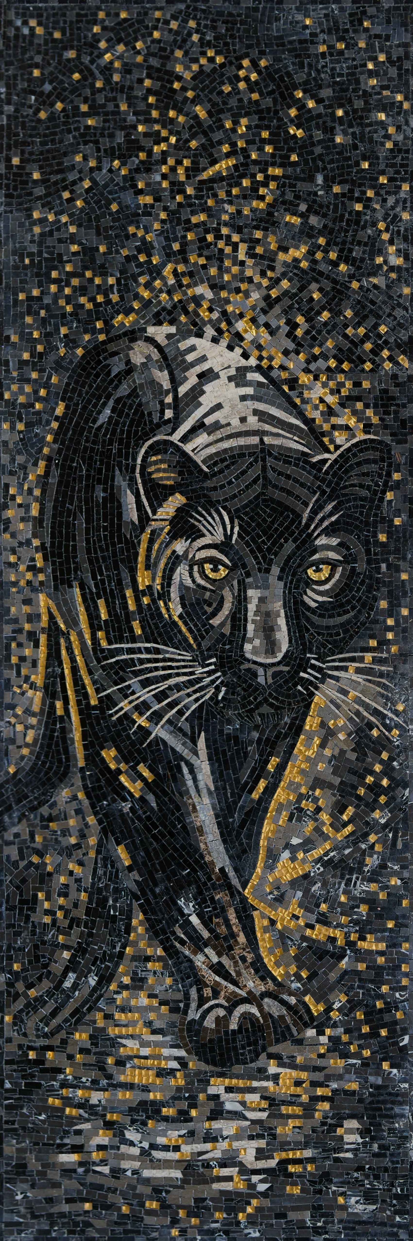 Black Panther Marble Mosaic Wall Art – Handmade Animal Portrait - Mesh Backing