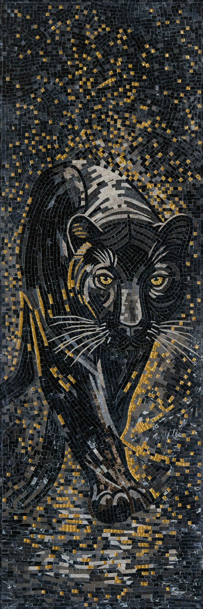 Black Panther Marble Mosaic Wall Art – Handmade Animal Portrait - Mesh Backing