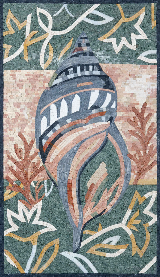 Seashell & Coral Marble Mosaic Wall Art – Artisan Nautical Beach Decor - Mesh Backing