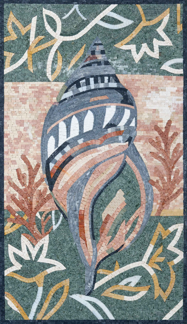 Seashell & Coral Marble Mosaic Wall Art – Artisan Nautical Beach Decor - Mesh Backing