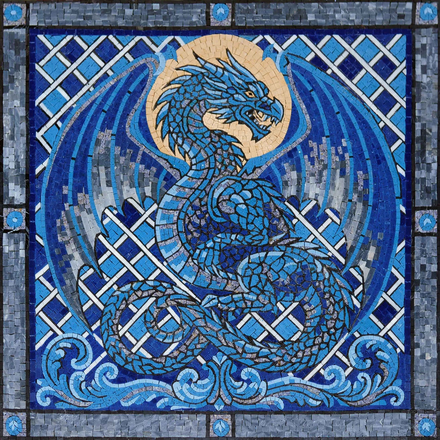 Blue Dragon Marble Mosaic Wall Art – Mythical Creature Fantasy Design - Mesh Backing