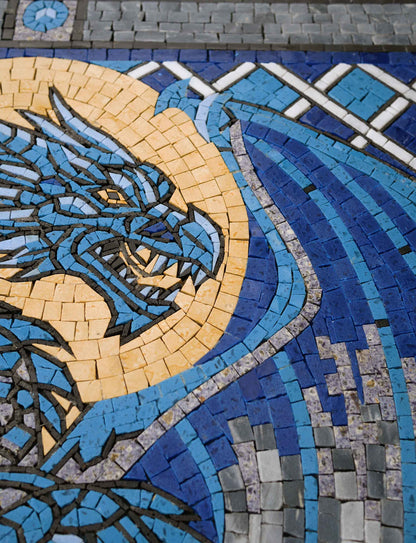 Blue Dragon Marble Mosaic Wall Art – Mythical Creature Fantasy Design - Mesh Backing