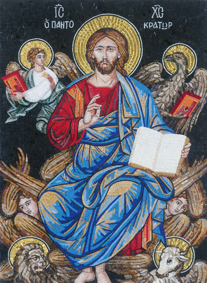 Christ Pantocrator & Angels – Byzantine Orthodox Marble Mosaic Wall Art - Mesh Backing