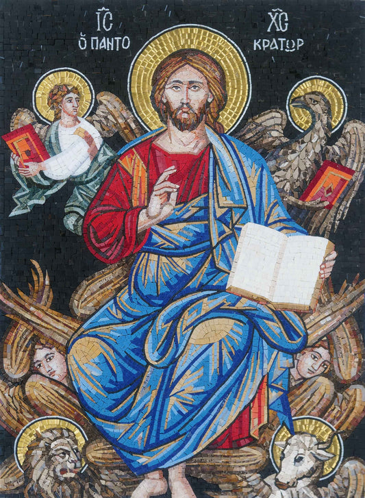 Christ Pantocrator & Angels – Byzantine Orthodox Marble Mosaic Wall Art - Mesh Backing