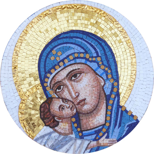 Virgin Mary & Christ Child – Round Byzantine Orthodox Marble Mosaic Wall Art - Mesh Backing