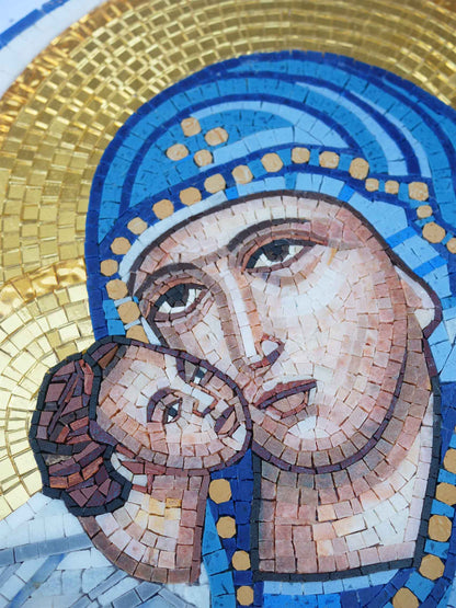 Virgin Mary & Christ Child – Round Byzantine Orthodox Marble Mosaic Wall Art - Mesh Backing