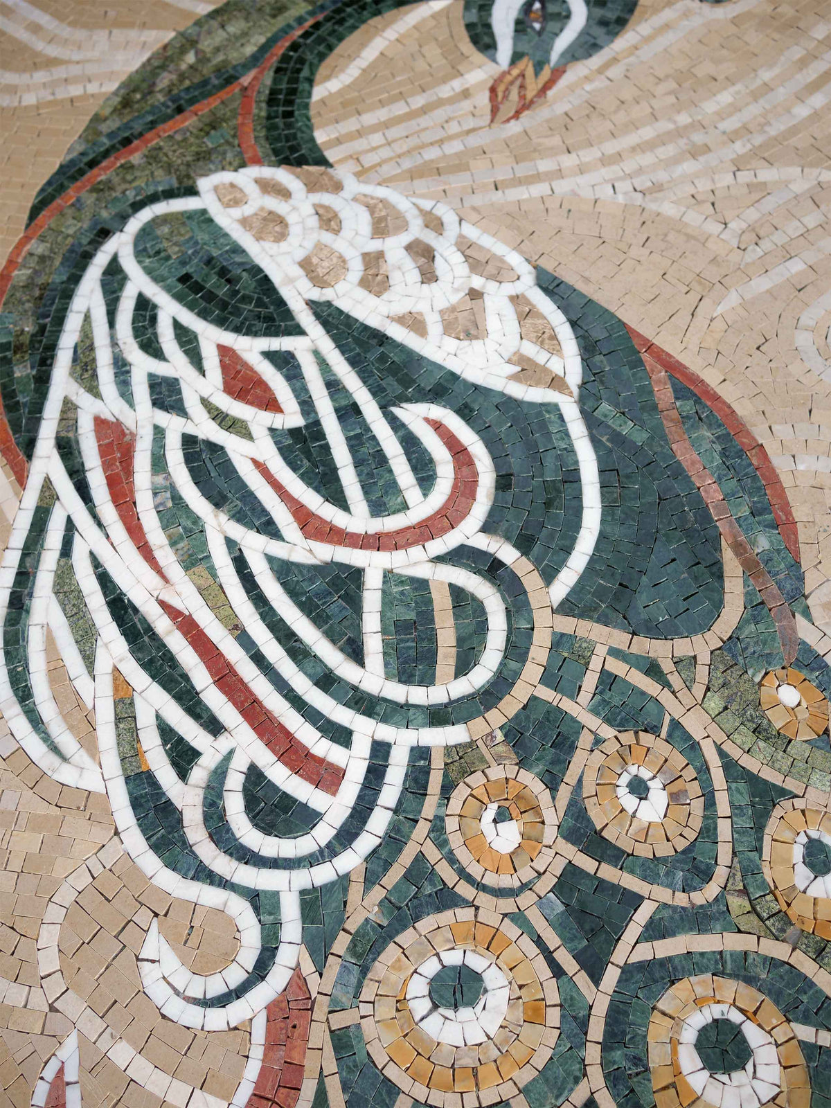 Peacock Portrait – Ornate Marble Mosaic Wall Art - Mesh Backing
