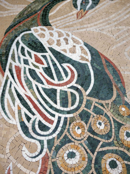 Peacock Portrait – Ornate Marble Mosaic Wall Art - Mesh Backing