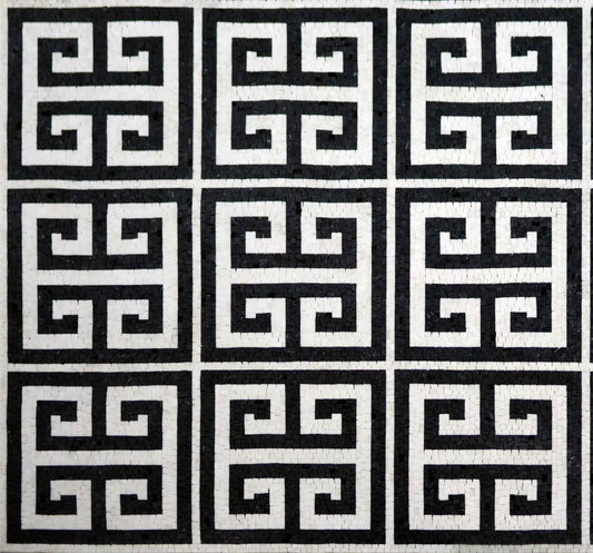 Greek Key Grid – Black and White Marble Mosaic Field Tile - Mesh Backing