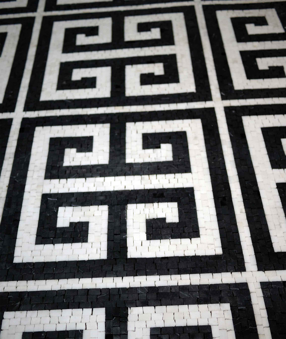 Greek Key Grid – Black and White Marble Mosaic Field Tile - Mesh Backing