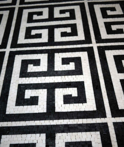 Greek Key Grid – Black and White Marble Mosaic Field Tile - Mesh Backing
