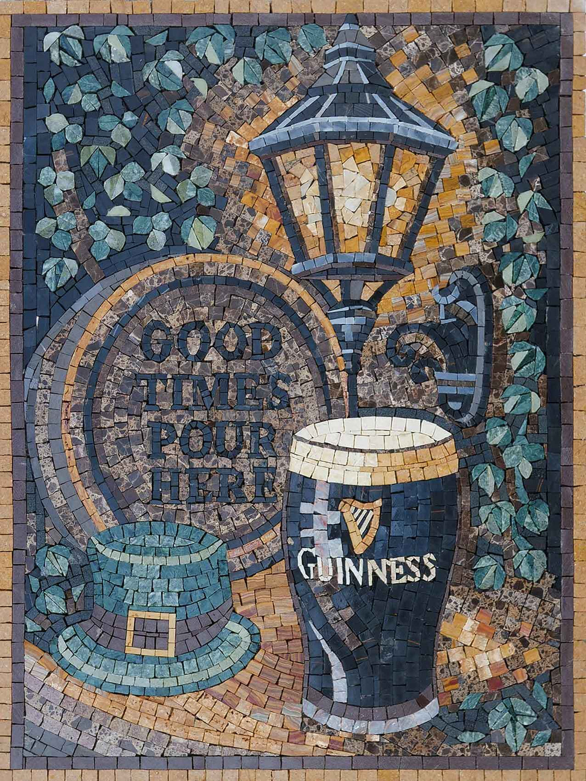 Good Times Pour Here – Irish Pub Stout Marble Mosaic Wall Art - Mesh Backing