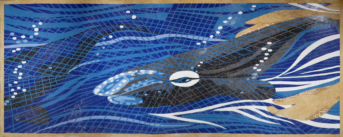 Abstract Ocean Wave & Fish – Contemporary Marble Mosaic Wall Art - Mesh Backing