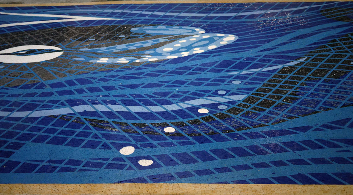 Abstract Ocean Wave & Fish – Contemporary Marble Mosaic Wall Art - Mesh Backing